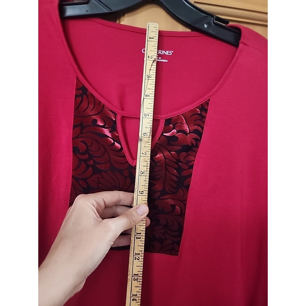 Catherines Red Knit Blouse Burnout Black Velvet Neckline 3/4 Sz 2X 22/24 W Tunic - Picture 11 of 12